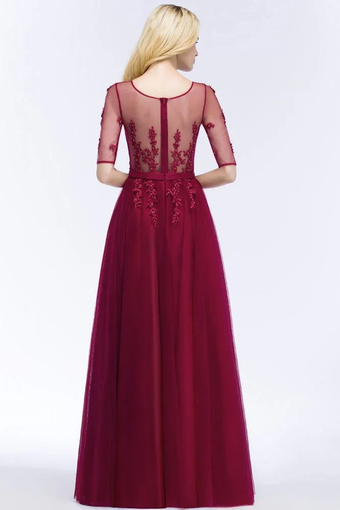 A-line Floor Length Appliques Tulle Bridesmaid Dress Half Sleeve Evening Dress