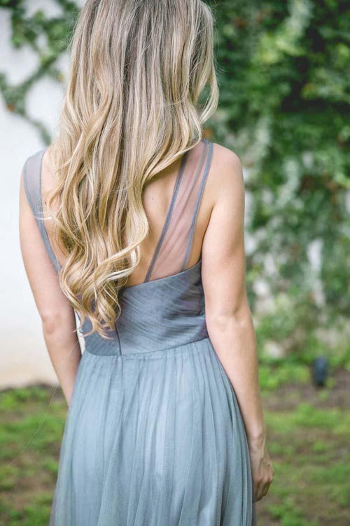 A-line Floor-Length Turquoise Sleeveless Tulle Bridesmaid Dress BD041