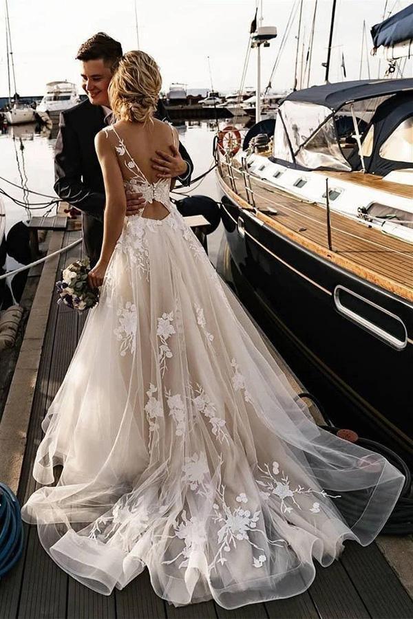 A-line Floral Applique Beach Wedding Dresses Backless Wedding Gown