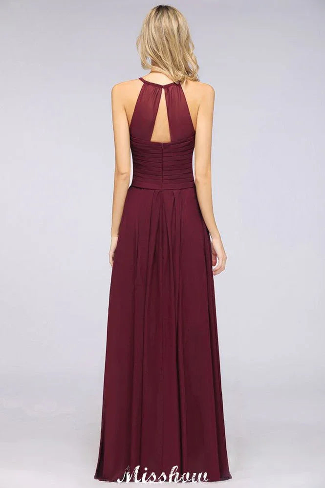 A-Line Halter V-Neck Sleeveless Bridesmaid Dress Ruffles Evening Swing Dress