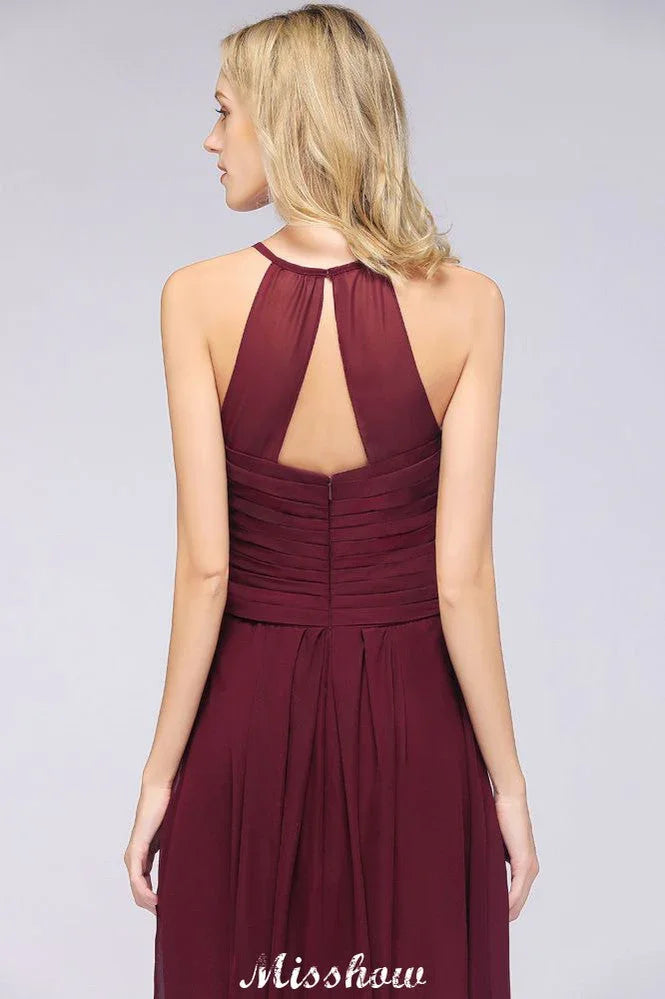 A-Line Halter V-Neck Sleeveless Bridesmaid Dress Ruffles Evening Swing Dress