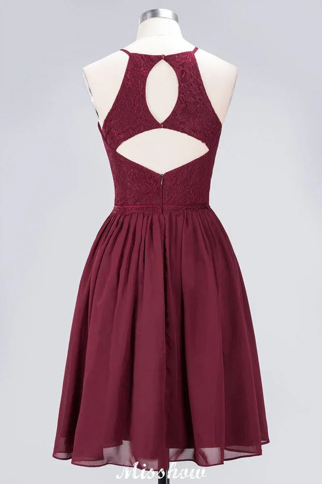 A-line Jewel Sleeveless Knee-Length Bridesmaid Dresses with Ruffle Chiffon Lace Party Dress