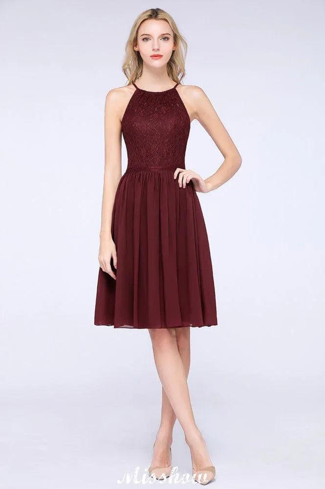 A-line Jewel Sleeveless Knee-Length Bridesmaid Dresses with Ruffle Chiffon Lace Party Dress