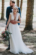 A-Line Jewel Sweep Train White Tulle Wedding Dress with Appliques