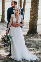 A-Line Jewel Sweep Train White Tulle Wedding Dress with Appliques