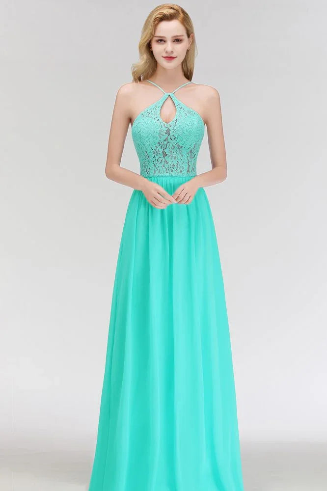 A-line Keyhole Neckline Lace Top Long Spaghetti Bridesmaid Dress