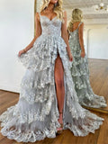 Silver Princess A Line Off the Shoulder Corset Prom Dress with Lace Ruffles