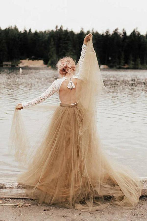A-Line Long Sleeve Backless Princess Gown Wedding Dress Bridal Gown