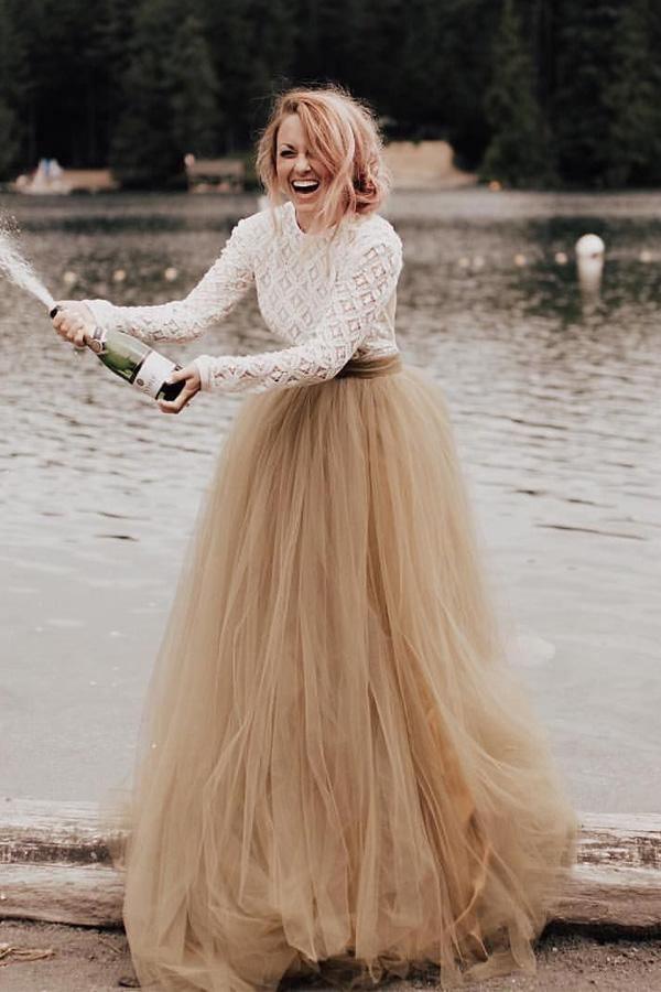A-Line Long Sleeve Backless Princess Gown Wedding Dress Bridal Gown