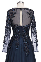 A-line Long Sleeves Plus Size Floor Length Crystals Tulle Prom Dresses