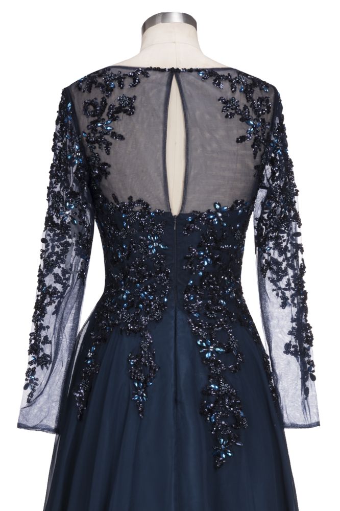 A-line Long Sleeves Plus Size Floor Length Crystals Tulle Prom Dresses