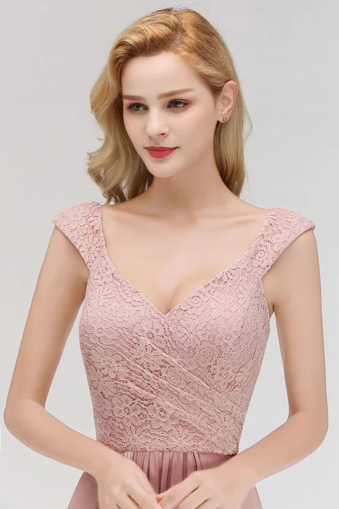 A-line Long V-neck Sleeveless Formal Party Dress Lace Top Chiffon Bridesmaid Dress