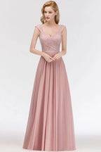 A-line Long V-neck Sleeveless Formal Party Dress Lace Top Chiffon Bridesmaid Dress