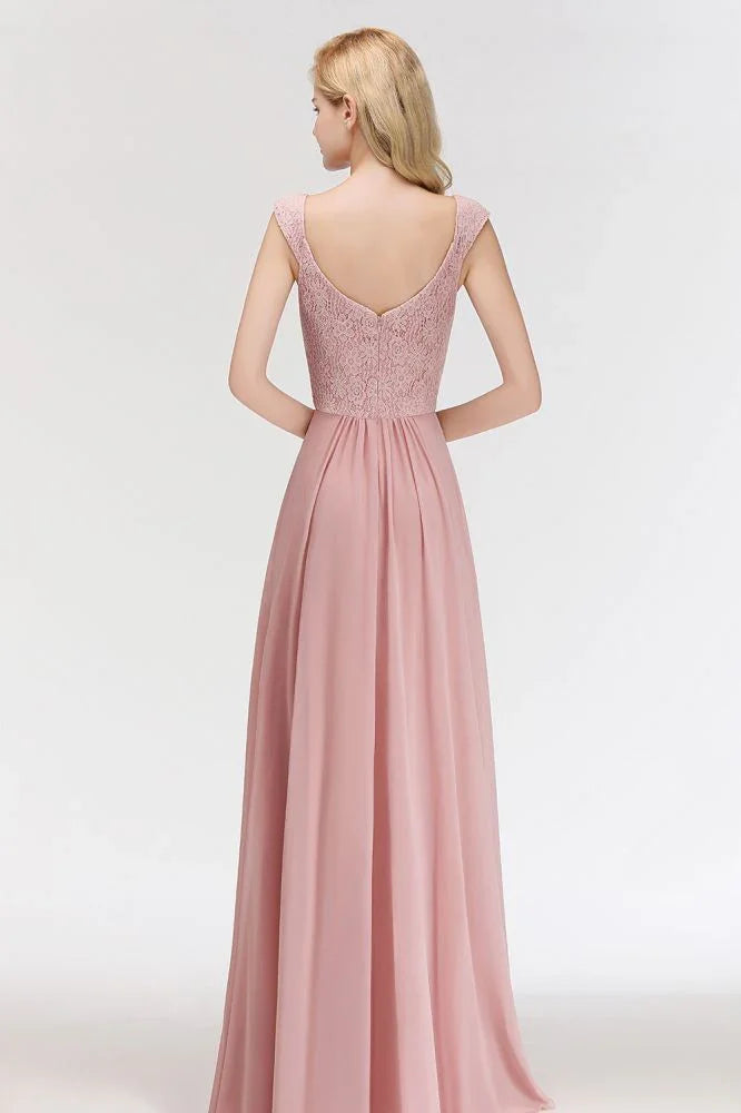 A-line Long V-neck Sleeveless Formal Party Dress Lace Top Chiffon Bridesmaid Dress
