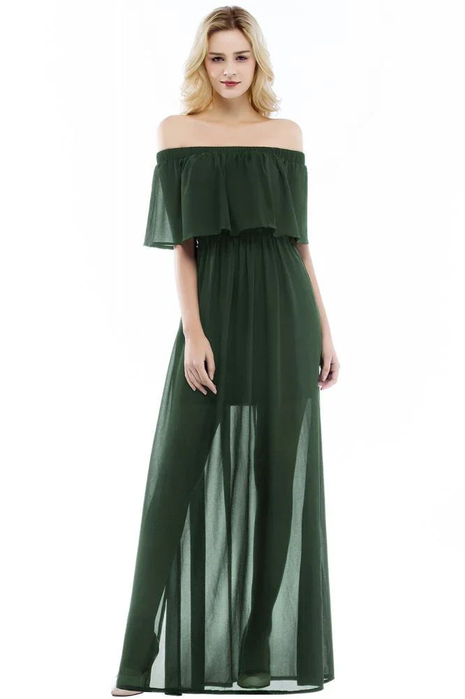 A-line Off-the-shoulder Floor Length Black Chiffon Bridesmaid Dresses