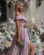 A-line Off-the-shoulder Glitter Long Prom Dress with Slit