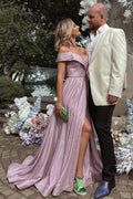 A-line Off-the-shoulder Glitter Long Prom Dress with Slit