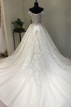 A-Line Off-the-Shoulder Short Sleeves Wedding Dress with Appliques