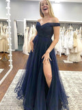 A-line Off the Shoulder Tulle Long Formal Graduation Evening Prom Dresses with Slit