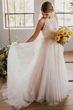 A-Line Round Neck Sweep Train Tulle Wedding Dress with Lace