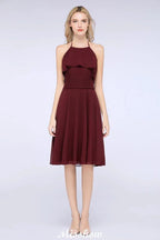 A-Line Ruffles Chiffon Halter Knee-Length Party Dress Simple Bridesmaid Dress
