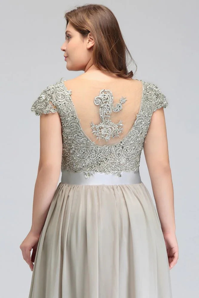 A-Line Scoop Floor Length Cap Sleeves Appliques Silver Evening Dresses with Sash