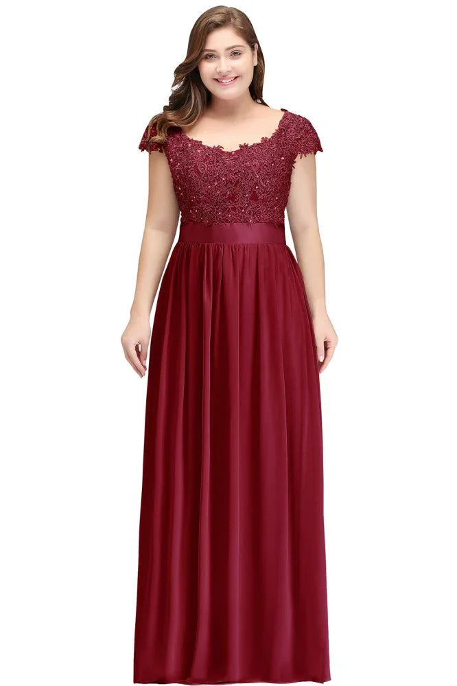 A-Line Scoop Floor Length Cap Sleeves Appliques Silver Evening Dresses with Sash
