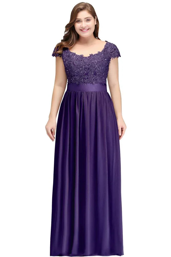 A-Line Scoop Floor Length Cap Sleeves Appliques Silver Evening Dresses with Sash