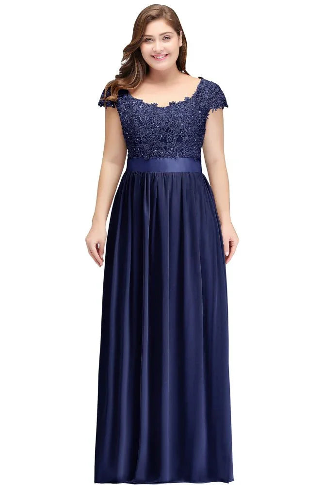A-Line Scoop Floor Length Cap Sleeves Appliques Silver Evening Dresses with Sash