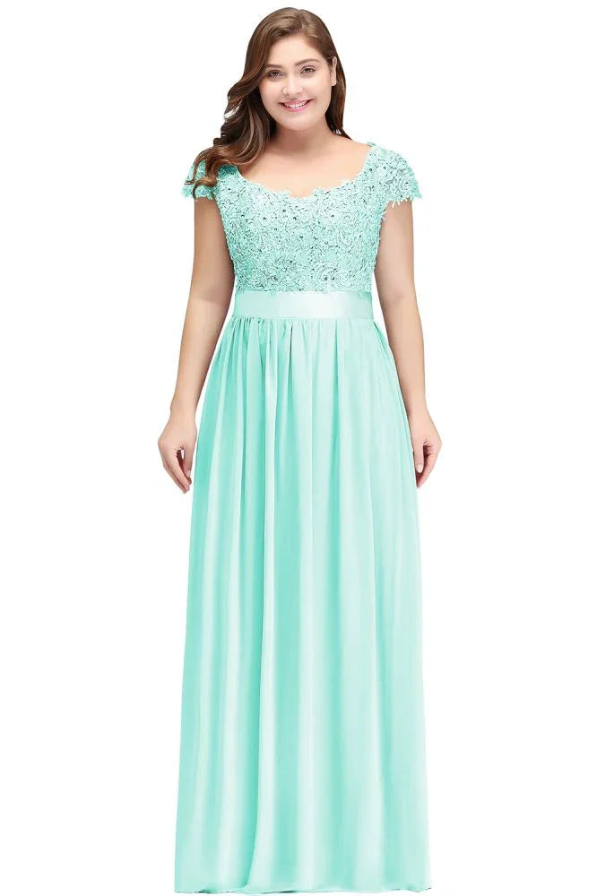 A-Line Scoop Floor Length Cap Sleeves Appliques Silver Evening Dresses with Sash
