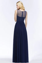 A-line Scoop Neck Bridesmaid Dress Chiffon Appliques Floor-Length Evening Maxi Gown Sleeveless
