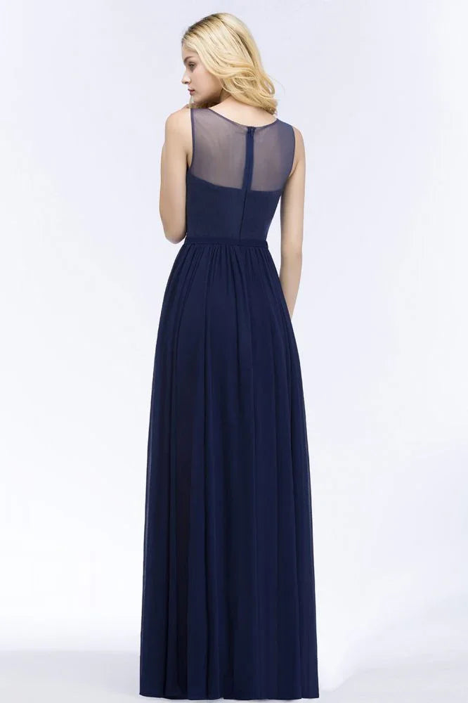 A-line Scoop Neck Bridesmaid Dress Chiffon Appliques Floor-Length Evening Maxi Gown Sleeveless