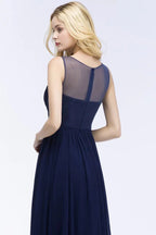 A-line Scoop Neck Bridesmaid Dress Chiffon Appliques Floor-Length Evening Maxi Gown Sleeveless