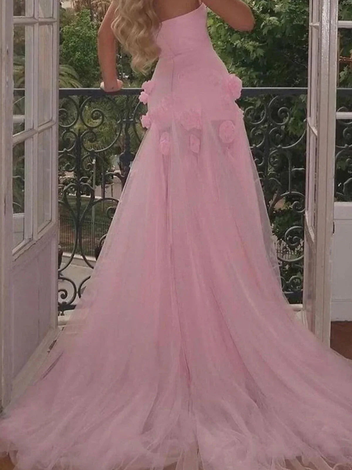 A line Sexy Sweetheart Sleeveless Pink Slit Flowers Prom Dress