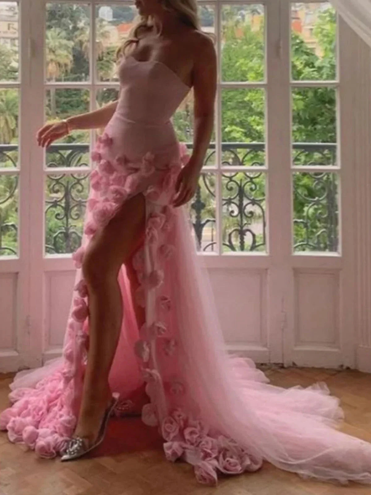 A line Sexy Sweetheart Sleeveless Pink Slit Flowers Prom Dress
