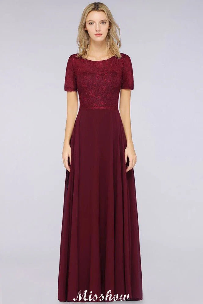 A-Line Short-Sleeves Floor-Length Bridesmaid Dress Chiffon Lace Round-Neck Evening Dress