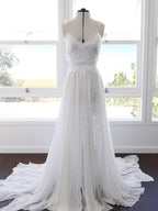 A-line Spaghetti Strap White Lace Chiffon Beach Wedding Bridal Dresses