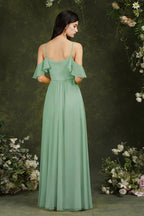 A-Line Spaghetti Straps Off-the-shoulder Ruffles Chiffon Bridesmaid Dress With Pockets