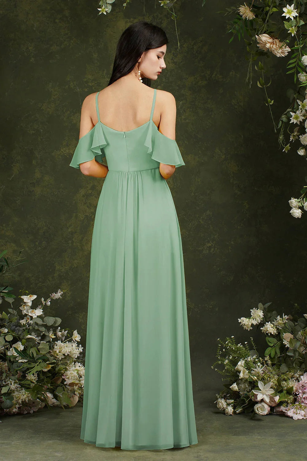 A-Line Spaghetti Straps Off-the-shoulder Ruffles Chiffon Bridesmaid Dress With Pockets