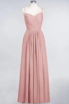 A-Line Spaghetti-Straps Sweetheart Sleeveless Bridesmaid Dress Ruffles Chiffon Evening Maxi Gown