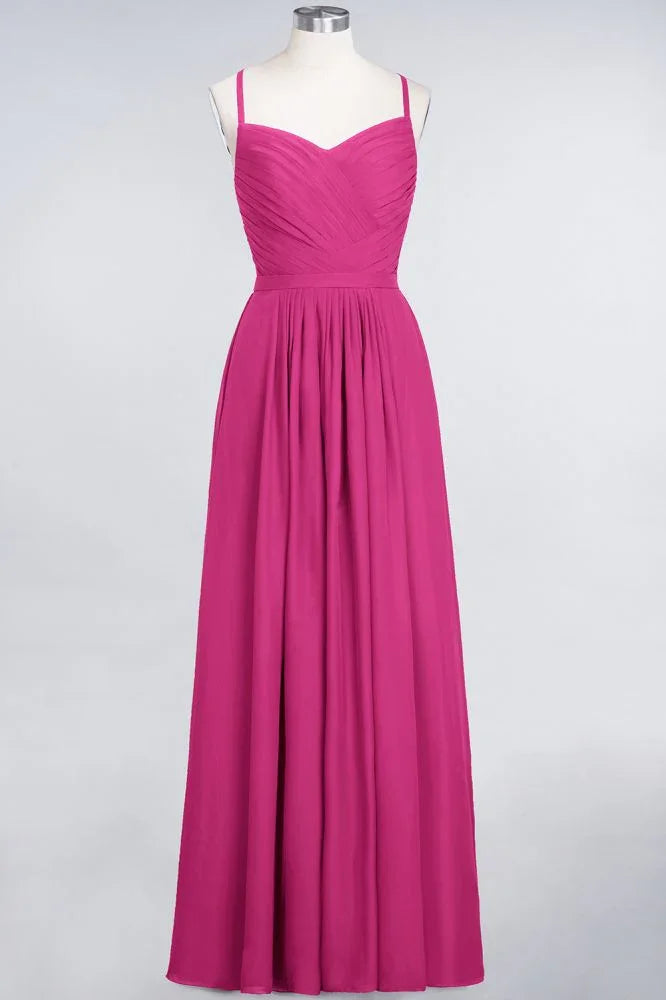 A-Line Spaghetti-Straps Sweetheart Sleeveless Bridesmaid Dress Ruffles Chiffon Evening Maxi Gown