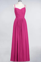A-Line Spaghetti-Straps Sweetheart Sleeveless Bridesmaid Dress Ruffles Chiffon Evening Maxi Gown