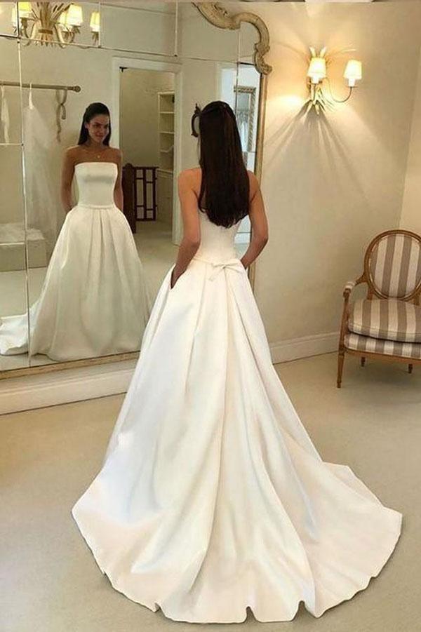 A-line Strapless Open Back Satin  Ivory Wedding Dress with Pockets