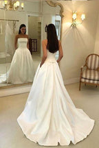 A-line Strapless Open Back Satin  Ivory Wedding Dress with Pockets
