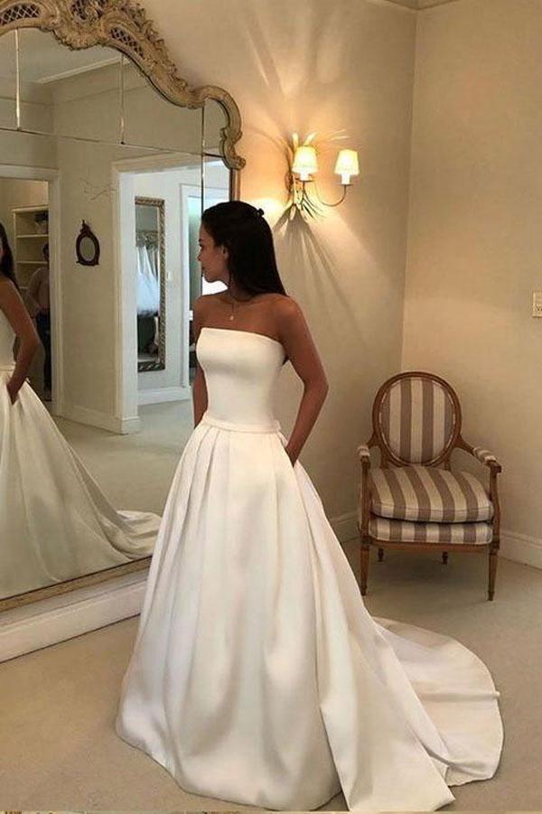 A-line Strapless Open Back Satin  Ivory Wedding Dress with Pockets