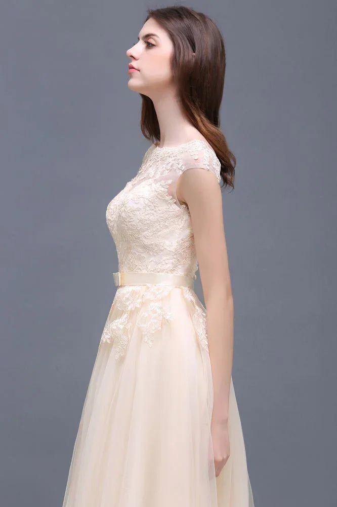 A-line Tulle Lace Appliques Floor-Length Prom Dress