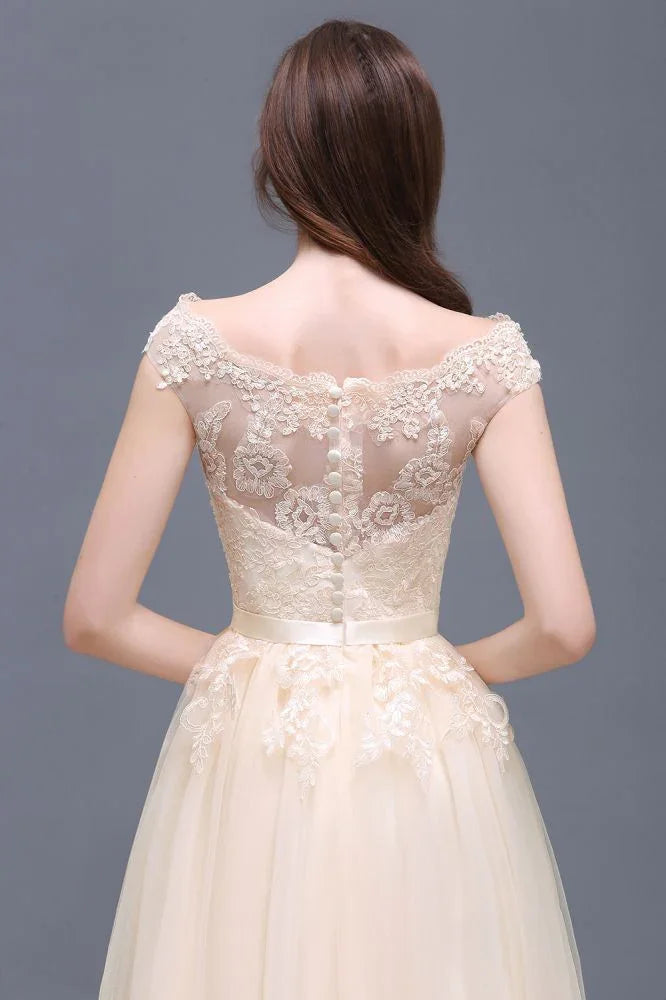 A-line Tulle Lace Appliques Floor-Length Prom Dress