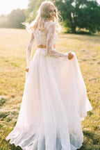 A Line Two Piece Round Neck Long Sleeves Lace Beach Wedding Dresses