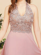 A-line V-neck Appliques Chiffon Evening Maxi Dresses Sleeveless Bridesmaid Dress