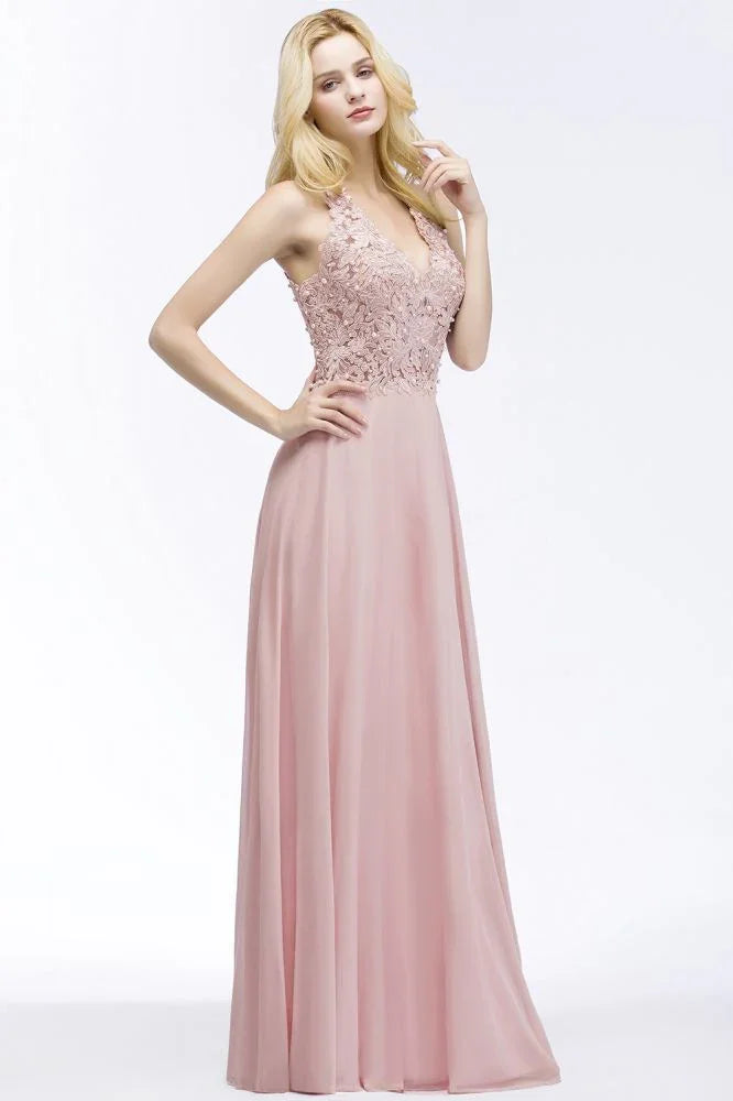 A-line V-neck Appliques Chiffon Evening Maxi Dresses Sleeveless Bridesmaid Dress